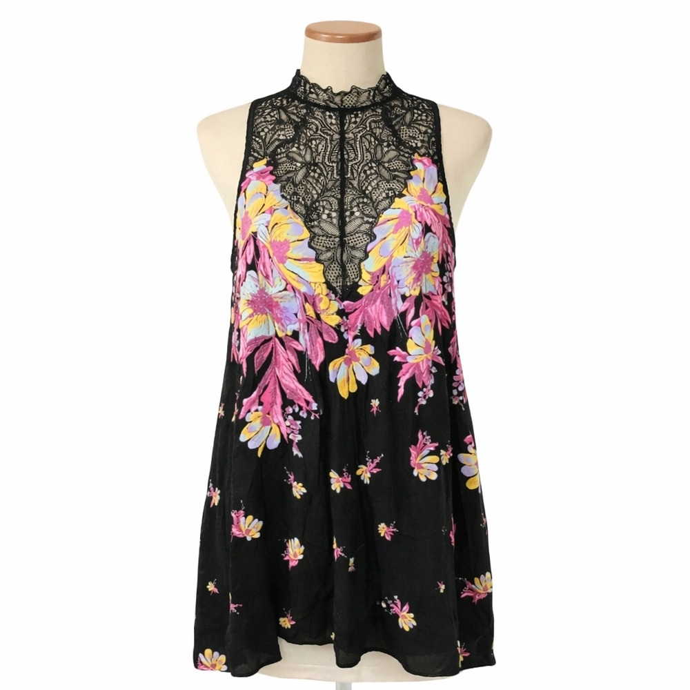 Free People Intimately Yours Marsha Boho Slip Dress M Black Floral Lace